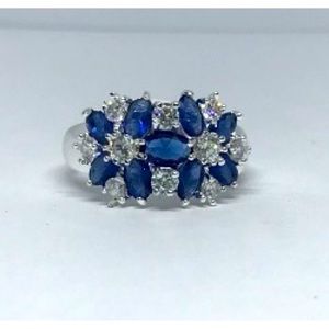 Blue Crystal Floral Silver Ring